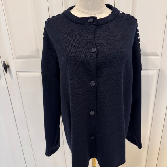 Saint James Atelier Navy Blue With striped Detail Button Down Cardigan. US 12 - Picture 1 of 10